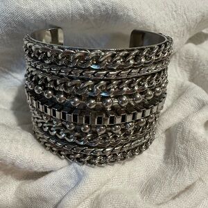 Cookie Lee Silvertone Multi-strand 2” Wide Cuff Bracelet Heavy Statement Jewelry